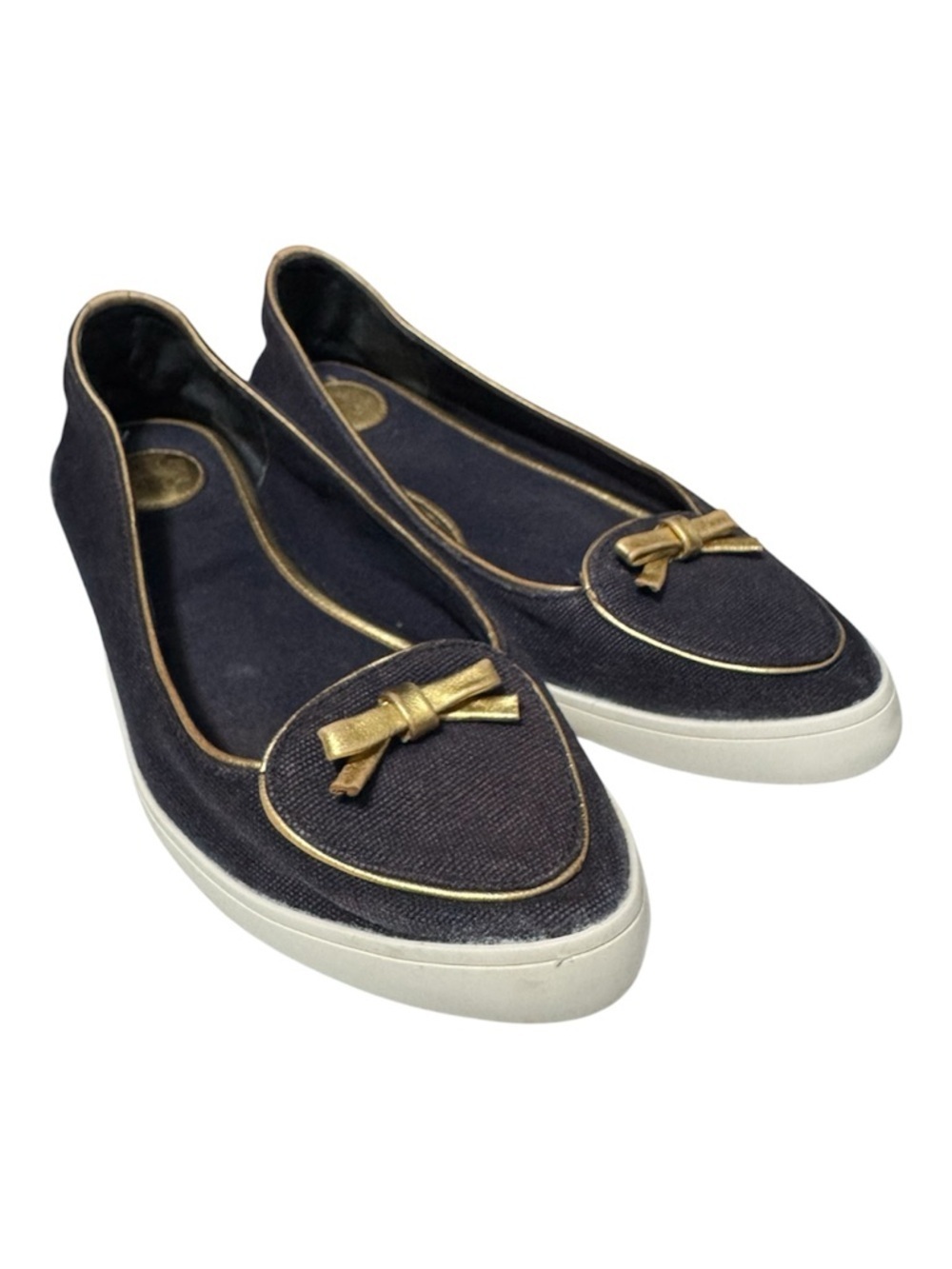 TORY BURCH Women's Dakota Canvas Ballet Slip-On Shoes - Navy Blue/ Gold Bow Sz 9